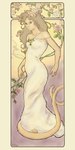 abstract_background anthro art_nouveau brown_body brown_fur clothing curvy_figure dress female flower fur green_eyes hair inner_ear_fluff jewelry long_hair mucha plant rose_(flower) solo tuft vines b_dog domestic_cat felid feline felis mammal hi_res