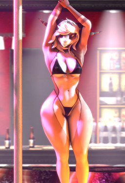 anthro arms_above_head bikini bikini_bottom bikini_top black_bra black_clothing black_underwear bottle bra breasts cleavage clothed clothing container female grey_eyes hair hands_above_head horn light looking_aside navel nipple_outline panties pole small_breasts small_waist smile solo standing swimwear thong tight_clothing topwear two-piece_swimsuit underwear white_hair wide_hips danified_pastry warfaremachine_(modeler) shay_tawny warfare_goat bovid caprine mammal 3d_(artwork) digital_media_(artwork) hi_res source_filmmaker_(artwork)