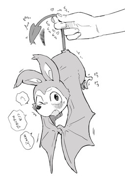 anthro blush duo embarrassed extreme_size_difference held_by_tail kemono male micro size_difference spade_tail tail text wings kurimo_jinguy bat human mammal hi_res japanese_text translated