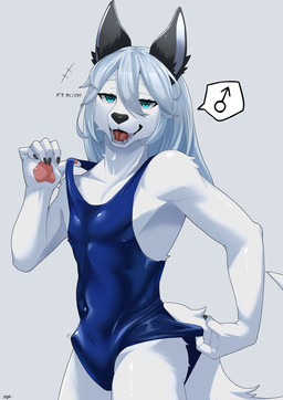 5_fingers anthro athletic athletic_anthro athletic_male bangs bedroom_eyes biped black_claws black_ears black_nose blue_clothing blue_eyes blue_swimwear bulge butt claws clothed clothed_anthro clothed_male clothing clothing_pull crossdressing crossdressing_male detailed_bulge erection erection_under_clothing eyebrows eyelashes fangs finger_claws fingerpads fingers fluffy fluffy_tail fur gender_symbol genital_outline glistening glistening_clothing glistening_swimwear grey_background grey_hair hair hair_between_eyes humanoid_hands kemono long_hair looking_at_viewer male male_anthro male_symbol monotone_clothing monotone_hair monotone_swimwear narrowed_eyes nipple_outline one-piece_swimsuit open_mouth open_smile pawpads penis_outline pink_pawpads pointy_ears pose pupils seductive simple_background slim slim_anthro slim_male smile smiling_at_viewer solo swimwear swimwear_pull symbol tail teeth tenting text three-quarter_view tongue uptuck white_body white_eyebrows white_fur white_inner_ear white_sclera red_rokomoko canid canine canis mammal wolf hi_res japanese_text pinup portrait three-quarter_portrait