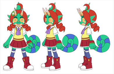 ahoge alternate_species anthro blue_markings bottomwear claws clothed clothing collared_shirt drill_curls facial_horn female finger_claws footwear front_view fully_clothed furrification green_body hair horn markings nose_horn pigtails red_hair shirt shoes side_view simple_background skirt smile socks solo standing striped_horn striped_markings striped_tail stripes tail tail_markings topwear turnaround white_background joffrobert puyo_puyo puyo_puyo_7 sega ringo_ando chameleon lizard reptile scalie hi_res model_sheet