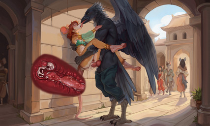 anthro bodily_fluids claws cum duo feet female french_kissing from_front_position genital_fluids genitals internal kissing knot knotted_penis male male/female pawpads penetration penis public public_sex rictal_bristles sex size_difference soles standing toes tongue tongue_out vaginal vaginal_penetration vulva deymark bleak_(raveger) avian bird corvid corvus_(genus) mammal mouse murid murine oscine passerine raven rodent absurd_res hi_res