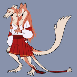 2_heads 2_tails 3_legs anthro blind blue_background bottomwear clothing disability femboy fur hair long_hair male multi_head multi_tail red_body red_fur red_hair shirt shorts simple_background solo standing tail tan_body tan_fur topwear hamham_gd futago_and_antifutago sergal 1:1 hi_res