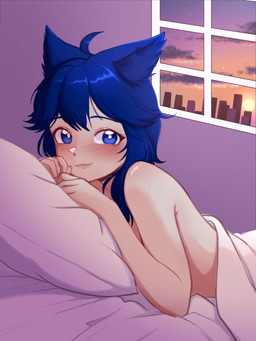 bed bedroom blue_body blue_eyes blue_fur blue_hair female fox_ears fur furniture hair implied_nudity looking_at_viewer lying lying_on_bed on_bed petite_female solo shon_owo co1by animal_humanoid canid canine humanoid mammal