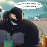 1:1 2024 anthro artist_name beach beverage big_butt big_tail biped black_body blue_body butt countershade_fur countershade_torso countershading curvy_female english_text female fish fur furred_shark generation_3_pokemon gills heart_symbol hi_res kay_(1-upclock) lifeguard_swimsuit lifeguard_tower looking_at_another looking_back looking_back_at_another male marine mischievous_smile mudkip muscular muscular_anthro muscular_male nintendo phosenpai pokemon pokemon_(species) red_eyes shark sharp_teeth short_stack speech_bubble tail teeth text yellow_sclera