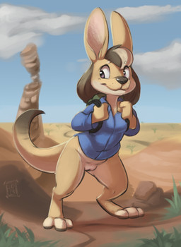 anthro backpack barefoot biped bottomless clothed clothing cloud day desert detailed_background feet female genitals outside skimpy sky solo vulva reign-2004 kangaroo macropod mammal marsupial 2016 digital_media_(artwork) hi_res shaded
