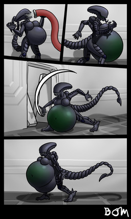 anthro belly belly_inflation big_belly black_body bladder_bulge bloated breasts claws drinking eyeless fangs female finger_claws hose huge_belly hyper hyper_belly inflation long_tail navel omorashi open_mouth plantigrade sharp_tail slashing tail teeth toe_claws tongue tongue_out bombality alien_(franchise) alien xenomorph hi_res