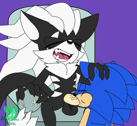 5_fingers anthro back_markings balls big_balls big_ears big_penis black_balls black_body black_claws black_fur black_nose blue_body blue_fur bodily_fluids chair cheek_bulge cheek_tuft chest_tuft claw_marks claws dipstick_tail dreadlocks dripping duo eye_scar eyes_closed facial_scar facial_tuft fellatio fingers fur furniture genitals hair hand_on_head head_grab humanoid_genitalia long_hair long_tail male male/male markings multicolored_body multicolored_fur open_mouth oral oral_penetration penetration penile penis pink_tongue purple_background quills_(anatomy) recliner saliva saliva_drip scar sex sharp_teeth simple_background sitting tail tail_markings tan_arms tan_body tan_penis tan_skin teeth tongue tuft two_tone_body two_tone_fur vein veiny_penis white_body white_fur white_hair white_inner_ear white_markings white_tail_tip nezuruiart sega sonic_forces sonic_the_hedgehog_(series) infinite_(sonic) sonic_the_hedgehog canid canine canis eulipotyphlan hedgehog jackal mammal signature watermark
