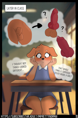 animal_genitalia animal_penis anthro balls blush canine_genitalia canine_penis classroom clothed clothing curious daydream dialogue directional_arrow female fully_sheathed fur furniture genitals knot knotted_penis light page_number panties penis question_mark school sheath simple_background solo sunlight table text thought_bubble underwear window young young_anthro imprettynormai erin_(imprettynormai) canid canine mammal 2:3 absurd_res comic english_text hi_res