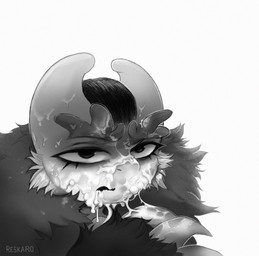 after_oral ambiguous_gender anthro bodily_fluids claw_fingers claws cum cum_drip cum_dripping_from_face cum_dripping_from_mouth cum_in_mouth cum_inside cum_on_claws cum_on_face dripping eyelashes genital_fluids glare glaring_at_viewer horn looking_at_viewer looking_forward narrowed_eyes simple_background solo text reskaro reskaro_kern_(reskaro) unknown_species artist_name hi_res monochrome female_(lore)