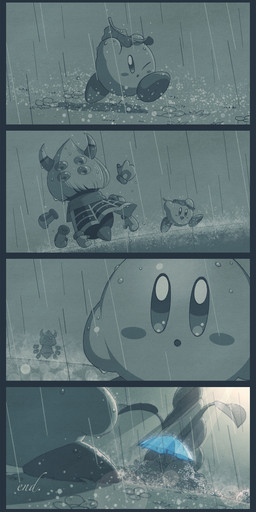 2_horns 4_panel_comic 6_eyes 6_hands ambiguous_gender anthro beanstalk biped black_border blush blush_stickers border duo eye_contact feral floating_hands flower gesture grey_background horn leaf leaf_umbrella legless light light_beam looking_at_another multi_eye multi_hand one_eye_closed open_mouth open_smile outside plant raining running scarf simple_background smile sunbeam sunlight text the_end umbrella unusual_anatomy unusual_eye_placement waving 5health kapchison kirby:_triple_deluxe kirby_(series) nintendo kirby taranza arachnid arthropod spider spidr waddling_head 2020 absurd_res comic digital_drawing_(artwork) digital_media_(artwork) english_text hi_res monochrome male_(lore)