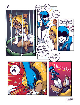 antlers blonde_hair cage captured clothing dialogue duo eyelashes female freckled_face freckles hair horn long_eyelashes machine motion_lines text torn_clothing omegaluxifer deltarune undertale_(series) noelle_holiday queen_(deltarune) cervine deer humanoid mammal robot comic english_text hi_res