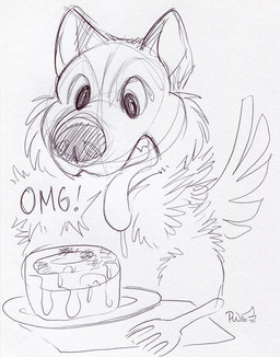 cinnamon_bun cutlery feathered_wings feathers feral food fork kitchen_utensils pastry solo tongue tongue_out tools wings paper-wings canid canine mammal 2016 hi_res sketch