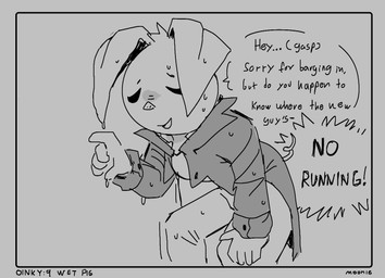 anthro clothing coat dialogue female half-closed_eyes narrowed_eyes solo text topwear wet lilmoonie oinky_(lilmoonie) domestic_pig mammal suid suine sus_(pig) 2025 black_and_grey comic english_text monochrome