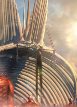 black_hair bone bone_creature exposed_bone exposed_muscle glowing glowing_eyes green_eyes hair long_hair skeleton higuys920 attack_on_titan eren_jaeger humanoid monster titan_(attack_on_titan)