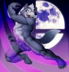 action_pose anthro balls bodily_fluids chest_tuft crotch_tuft flaccid foreskin fur genital_fluids genitals humanoid_genitalia humanoid_penis looking_at_viewer male moon muscular muscular_anthro muscular_male nude open_mouth penis pose precum simple_background smile solo supermoon teeth tuft spectral-bat nintendo star_fox super_smash_bros. wolf_o'donnell canid canine canis mammal wolf 2018 absurd_res hi_res