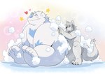 anthro bathing_together biped blush duo flaccid fur genitals grey_body grey_fur heart_symbol horn male male/male male_anthro nude penis plantigrade size_difference toony washing_partner white_body white_fur takataka anothereidos_of_dragon_vein_r patty_(anothereidos_r) theodor_(anothereidos_r) canid canine canis mammal wolf yeti