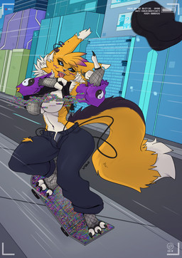 anthro armwear barbell_piercing big_breasts black_body black_fur black_sclera blonde_hair blue_eyes bottomwear breasts clothing ear_chain ear_piercing ear_ring eyebrow_barbell eyebrow_piercing facial_piercing female fishnet_armwear fishnet_clothing fishnet_legwear fishnet_topwear fluffy fluffy_tail fur furgonomic_piercing furgonomics gesture glitch hair hand_gesture highlights_(coloring) legwear lip_piercing middle_finger multicolored_body multicolored_fur muzzle_piercing navel navel_piercing neck_tuft nipples nose_piercing nose_ring pants piercing pink_nipples purple_highlights ring_piercing septum_piercing septum_ring skateboard skating solo tail tongue tongue_piercing topwear tuft vehicle white_body white_fur yellow_body yellow_fur yawg bandai_namco digimon rubi_(jeridon) canid canine digimon_(species) fox mammal renamon 2026 hi_res