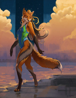 action_pose anthro barefoot beach biped breasts claws clothed clothed_anthro clothed_female clothing cloud digitigrade dipstick_tail feet female female_anthro finger_claws fur gloves_(marking) hair leg_markings long_hair looking_back markings medium_breasts one-piece_swimsuit orange_body orange_eyes orange_fur outside paws pointy_ears pose prick_ears pupils sky slit_pupils socks_(marking) solo star starry_sky swimwear tail tail_markings toe_claws walking water shwonky reyna_(reynafox) canid canine fox mammal 2025 digital_media_(artwork) digital_painting_(artwork) full-length_portrait hi_res painting_(artwork) portrait shaded signature soft_shading