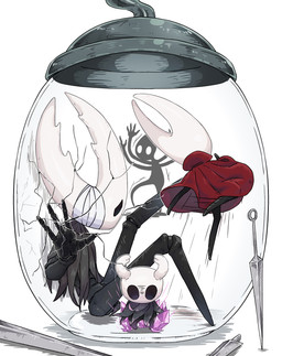 2_horns 4_arms 4_fingers ambiguous_gender anthro bandage biped black_body black_eyes cloak clothed clothing container cracks crystal empty_eyes fingers group horn in_container in_jar jar larger_ambiguous melee_weapon midair motion_lines multi_arm multi_limb one_eye_obstructed red_cloak red_clothing shadow simple_background size_difference smaller_ambiguous standing weapon white_background white_eyes hirakue012 hollow_knight_(franchise) team_cherry collector_(hollow_knight) hollow_knight_(character) hornet_(hollow_knight) the_knight_(hollow_knight) arthropod vessel_(species) 2026 absurd_res hi_res female_(lore) half_sister_(lore) sibling_(lore) sister_(lore)