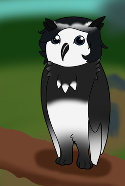 beak black_body blue_eyes blurred_background female feral monochrome_body solo white_body merky meowl raven_(romfox) avian bird owl hi_res meme