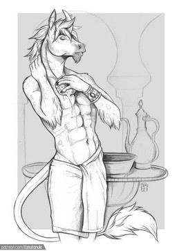 5_fingers abs anthro arm_tuft biped bowl bracelet clothed clothing container ear_piercing ear_ring elbow_tuft eyebrows eyes_closed fingers furniture hair hooved_fingers hooves horn jewelry male mane mane_hair muscular muscular_anthro muscular_male navel pecs piercing ring_piercing solo sponge standing table tail tail_tuft teeth topless towel towel_only tuft water tanutanuki mythology classical_unicorn equid equine mammal mythological_creature mythological_equine unicorn 2021 greyscale hi_res monochrome traditional_media_(artwork)