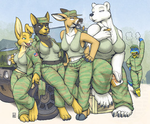 angry anthro army black_body black_fur black_nose blue_body blue_skin bottomwear breast_size_difference breasts camo camo_clothing camo_hat camo_headgear camo_headwear camo_legwear camo_print camo_shirt camo_topwear car cigar clothed clothing female fur green_eyes green_highlights group hat headgear headwear highlights_(coloring) hooves legwear male military open_mouth outside pants pattern_clothing pattern_hat pattern_headgear pattern_headwear pattern_legwear pattern_shirt pattern_topwear paws shirt smoking tail tan_body tan_fur thick_thighs topwear vehicle white_body white_fur wide_hips yellow_body yellow_eyes yellow_fur rick_griffin bear canid canine canis deer domestic_dog lagomorph leporid lizard mammal polar_bear rabbit reptile scalie ursine