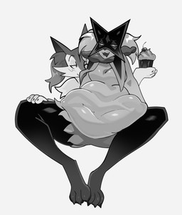 abdominal_bulge anthro crumbs_on_face duo female food food_fetish food_play holding_food holding_object obese overweight stuffing voremaxx nintendo pokemon braixen felid generation_6_pokemon generation_9_pokemon mammal meowscarada pokemon_(species) hi_res monochrome