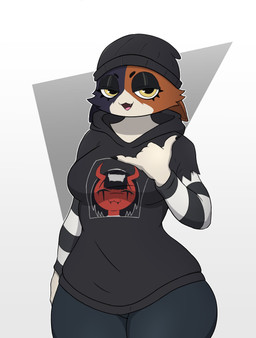 alternative_fashion anthro armwear beanie black_armwear black_beanie black_clothing black_eyebrows black_eyeshadow black_hat black_headwear black_hoodie black_topwear blue_body blue_bottomwear blue_clothing blue_ears blue_inner_ear blue_jeans blue_pants bottomwear breasts brown_body brown_ears brown_inner_ear clothing denim denim_bottomwear denim_clothing eyebrows eyelashes eyeshadow female gesture goth grey_background hand_gesture hat headgear headwear hoodie jeans looking_at_viewer makeup multicolored_body open_mouth open_smile pants pattern_armwear pattern_clothing pink_tongue red_mouth simple_background smile smiling_at_viewer snaggle_tooth solo tan_body thick_thighs three-quarter_view tongue topwear white_armwear white_background white_clothing yellow_eyes dr.dewott epic_games fortnite meow_skulls domestic_cat felid feline felis mammal 2023 cel_shading colored digital_media_(artwork) hi_res portrait shaded three-quarter_portrait