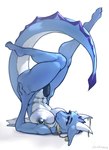 anthro big_breasts black_nipples black_penis blue_body breasts countershading ear_piercing genitals glistening glistening_body gynomorph horn humanoid_genitalia intersex jewelry legs_up looking_at_viewer lying navel navel_piercing nipple_chain nipple_piercing nipples non-mammal_breasts non-mammal_navel non-mammal_nipples nude on_back penis piercing ring_piercing simple_background smile solo tail text upside_down white_background white_body white_countershading wings sackrany scalie artist_name hi_res