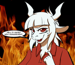 anthro clothing dialogue eyelashes female fur hair photo_background red_clothing red_eyes red_shirt red_topwear shirt smile solo text topwear white_body white_fur white_hair tf-sential helltaker goat_lucifer_(helltaker) bovid caprine goat mammal 2021 bust_portrait english_text photography_(artwork) portrait