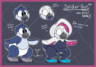 anthro clean_diaper clothed clothing diaper diaper_only diaper_under_clothing female object_in_mouth pacifier pacifier_in_mouth simple_background smile solo tail text topless wearing_diaper paddedartist spider-guin avian bird penguin digital_media_(artwork) english_text model_sheet