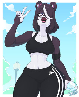 5_fingers anthro athletic_wear big_breasts black_body black_fur black_hair black_lips border bottle bottomwear bra breasts cleavage clothed clothing container curvy_figure electronics fangs female fingers fur furgonomics gesture hair hand_gesture headphones holding_bottle holding_container holding_object hourglass_figure leggings legwear lips midriff monitor multicolored_body multicolored_fur multicolored_hair navel open_mouth open_smile pants purple_eyes smile solo sports_bra standing teeth thick_thighs tights two_tone_body two_tone_fur two_tone_hair underwear v_sign water_bottle white_body white_border white_fur white_hair wide_hips yoga_pants skecchiart vivian_vivi bear giant_panda mammal 2022 hi_res redraw signature