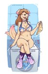 anthro appliance blush breasts brown_hair clothing collar eyes_closed female footwear hair heart_symbol holding_clothing holding_object holding_underwear implied_transformation laundry_machine navel slightly_chubby smile socks solo tongue tongue_out underwear washing_machine anthromage animate_inanimate canid canine canis domestic_dog living_clothing mammal 2022 hi_res