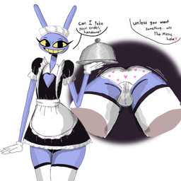 anthro balls clothed clothing femboy genitals herm intersex legwear maid_uniform panties serving_food smile smiling_at_viewer solo stockings underwear uniform upskirt theanonyman1207 glitch_productions the_amazing_digital_circus jax_(tadc) lagomorph leporid mammal rabbit hi_res