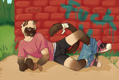 angry anthro balls_outline bandage bandaged_tail belt belt_bondage bottomwear bottomwear_down bound boxer_briefs brick_wall brown_body brown_fur bulge clothed clothing detailed_bulge dirt embarrassed erection erection_under_boxer_briefs erection_under_clothing fangs feet_tied footwear frown fur genital_outline grass hands_tied lying male multicolored_body multicolored_fur on_side pants pants_down partially_clothed penis_outline plant scowl shirt shoelaces shoes simple_background sneakers solo submissive submissive_anthro submissive_male tan_body tan_fur teeth topwear underwear wall_(structure) mrbarx domestic_cat felid feline felis mammal siamese hi_res