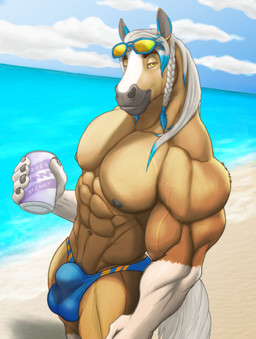 anthro areola beach beverage_can biceps body_hair bulge cloud deltoids detailed_bulge forearm_muscles happy_trail looking_at_viewer male muscular muscular_anthro obliques pecs quads sand smile solo standing trapezius triceps v-cut water zwolf equid equine horse mammal hi_res