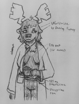 anthro antlers breasts clothed clothing female horn partially_clothed simple_background solo white_background poorlydrawnmoose deer mammal moose new_world_deer absurd_res graphite_(artwork) greyscale hi_res monochrome pen_(artwork) traditional_media_(artwork)
