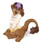 anthro bottomless bottomless_female brown_body brown_fur brown_hair cheek_tuft clothed clothing facial_tuft female fluffy fluffy_ears fur hair head_tilt highlights_(coloring) horn looking_at_viewer multicolored_body multicolored_fur pawpads paws ponytail purple_eyes purple_highlights simple_background sitting smile solo sweater tail tail_tuft topwear tuft two_tone_body two_tone_fur white_background white_clothing white_sweater white_topwear mcsib shasya mythology siv_(mcsib) dragon hybrid mammal mustelid mythological_creature mythological_scalie otter scalie colored digital_media_(artwork) hi_res shaded