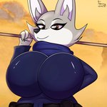 anthro big_breasts breasts clothed clothing detailed_background female fur glistening glistening_body huge_breasts looking_at_viewer simple_background smile solo thick_thighs topwear fennyfen_1 dreamworks kung_fu_panda zhen_(kung_fu_panda) canid canine corsac_fox fox mammal true_fox 1:1 2023 absurd_res digital_media_(artwork) hi_res