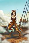 anthro barrel belt breasts cannonball cleavage clothed clothing digitigrade fangs female flintlock gun hair handgun long_hair melee_weapon open_mouth pirate pistol ranged_weapon rigging sailing_ship sailing_watercraft ship smoke solo sword teeth vehicle watercraft weapon kahito-slydeft domestic_cat felid feline felis mammal