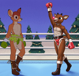 anthro antlers belt blue_sky boots bottomwear boxing boxing_gloves brown_body brown_fur clothing costume duo evergreen_tree fighting_ring footwear fur fur_lined_clothing glowing glowing_nose handwear horn male pine_tree plant raised_arm santa_costume shoes sky snow solo sport tree dcheese bambi_(film) disney rudolph_the_red-nosed_reindeer_(tv_special) bambi rudolph_the_red-nosed_reindeer deer mammal new_world_deer reindeer absurd_res digital_media_(artwork) hi_res