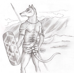 anthro armlet butt butt_pose clothing cloud fur fur_markings hill holding_object holding_shield holding_weapon jewelry looking_forward male markings melee_weapon mostly_nude necklace outside polearm pose rear_view shield solo spear standing striped_body stripes weapon 0laffson dasyuromorph mammal marsupial recently_extinct_species thylacine 2019 graphite_(artwork) hi_res signature traditional_media_(artwork)