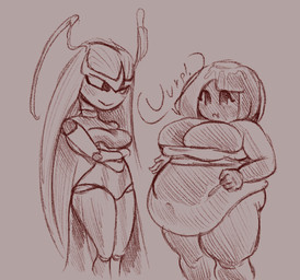 antennae_(anatomy) anthro belly belly_overhang big_belly big_breasts biped blush blush_lines bob_cut bottomwear breasts burping butter butter_on_head chubby_cheeks cleavage cleavage_overflow clothed clothing crossed_arms dairy_products duo female food food_on_head hair long_hair looking_at_another love_handles muffin_top navel obese obese_female obese_humanoid overweight overweight_female overweight_humanoid pancake pants simple_background slim_anthro slim_female smile smiling_at_another smug speech_bubble standing weight_difference wide_hips kirbchub nintendo pokemon arthropod food_creature generation_7_pokemon humanoid living_pancake mammal pheromosa pokemon_(species) ultra_beast 2024 digital_media_(artwork) monochrome sketch