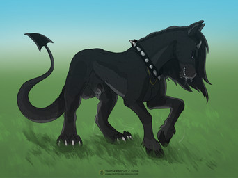 animal_genitalia balls collar feral genitals grass hooves horn male mane outside penis plant scales sheath sky standing teeth thathornycat capitoline_ranch flux_(capitoline_ranch) scalie hi_res