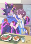 anthro apron belt black_body black_sclera brown_hair cape clothing duo eating glowing glowing_eyes hair horn male napkin wiping_mouth vfcou bandai_namco digimon digimon_ghost_game hiro_amanokawa digimon_(species) gulusgammamon human mammal scalie hi_res