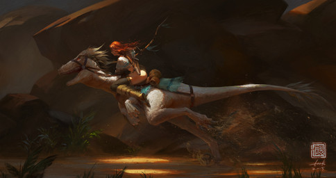ambiguous_gender bow_(weapon) bridle claws cloth clothing detailed_background duo feathers female feral hair harness mount mud open_mouth outside plant quiver_(object) ranged_weapon red_hair reins rider riding rock running saddle sand sickle_claw straddling tail teeth toe_claws warrior water weapon 6kart dinosaur dromaeosaurid feathered_dinosaur feathered_scalie human mammal prehistoric_species reptile saurischian scalie theropod velociraptor 2015 hi_res