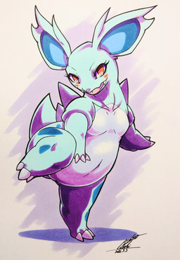 anthro blue_body blush blush_lines breasts claws eyelashes fangs featureless_breasts featureless_crotch female looking_at_viewer navel on_one_leg open_mouth orange_eyes simple_background solo standing tail teeth tongue 025aki nintendo pokemon generation_1_pokemon nidorina pokemon_(species) 2026 absurd_res dated hi_res signature