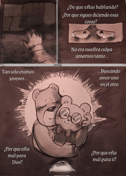 anthro blush bodily_fluids bottomwear bow_tie clothing crying dialogue duo eyewear glasses hug humanoid_hands pants shirt tears text topwear lexday2 unicorn_wars padre_(unicorn_wars) sargento_caricias bear mammal 2023 hi_res spanish_text translation_check translation_request