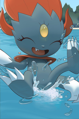 ambiguous_gender cannon_ball chibi claws eyes_closed feral happy open_mouth outside plant seascape sky smile solo splash splashing_water swimming tree water water_drop wet inkune nintendo pokemon generation_4_pokemon pokemon_(species) weavile 2:3 absurd_res hi_res